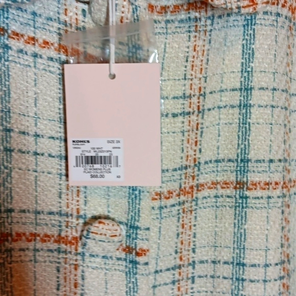 Lauren Conrad Plaid Jacket NWT 3X cream blue tan - Picture 5 of 7